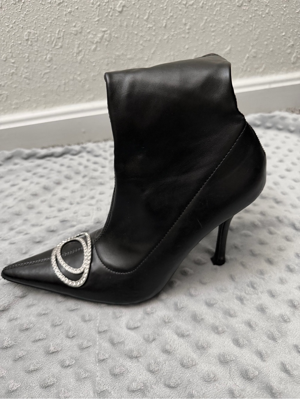 Black Pointed Toe Ankle Boot with Crystal Accent